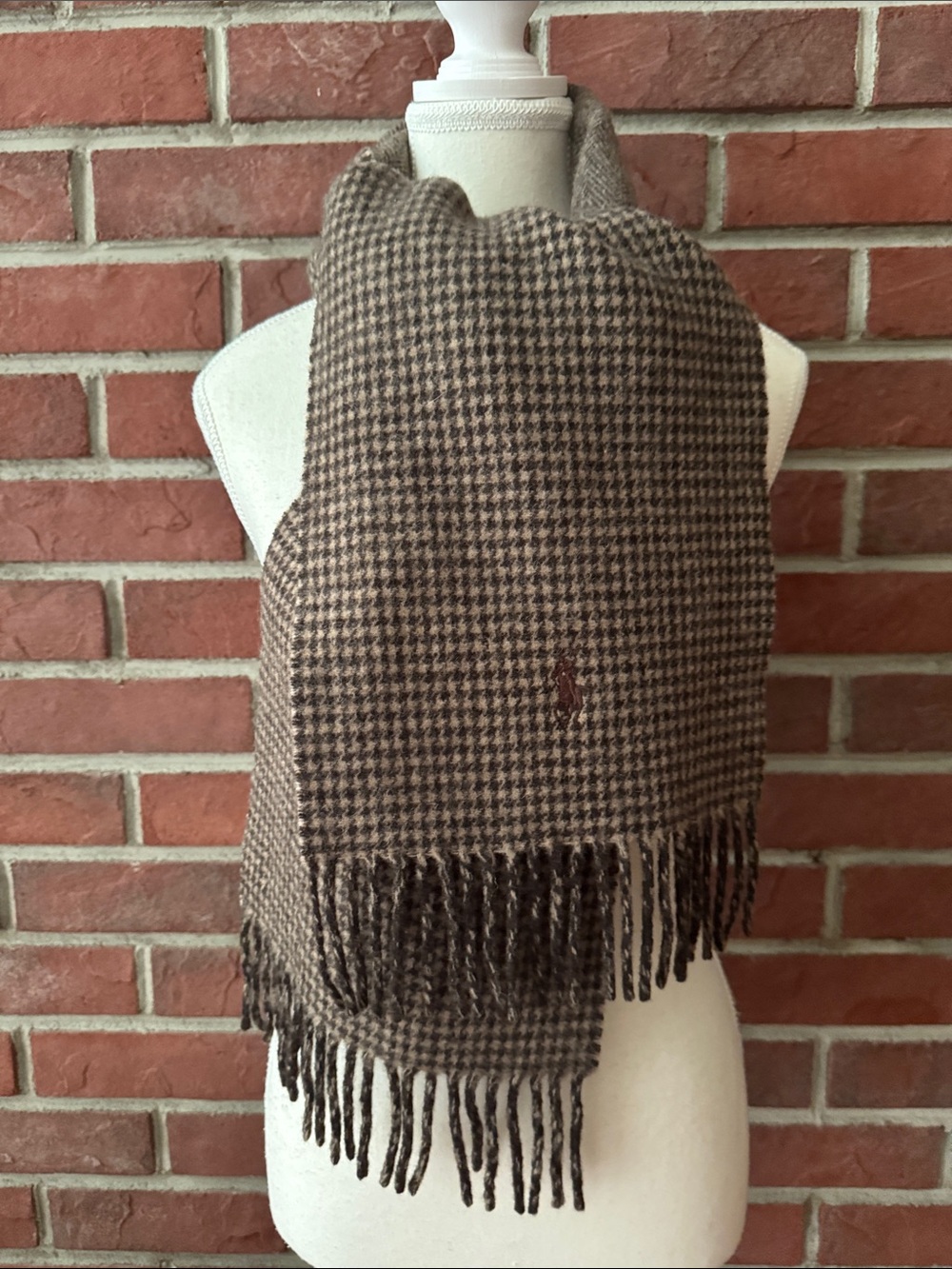 Polo Ralph Lauren Brown Houndstooth & Herringbone Wool Blend Scarf Made in Italy